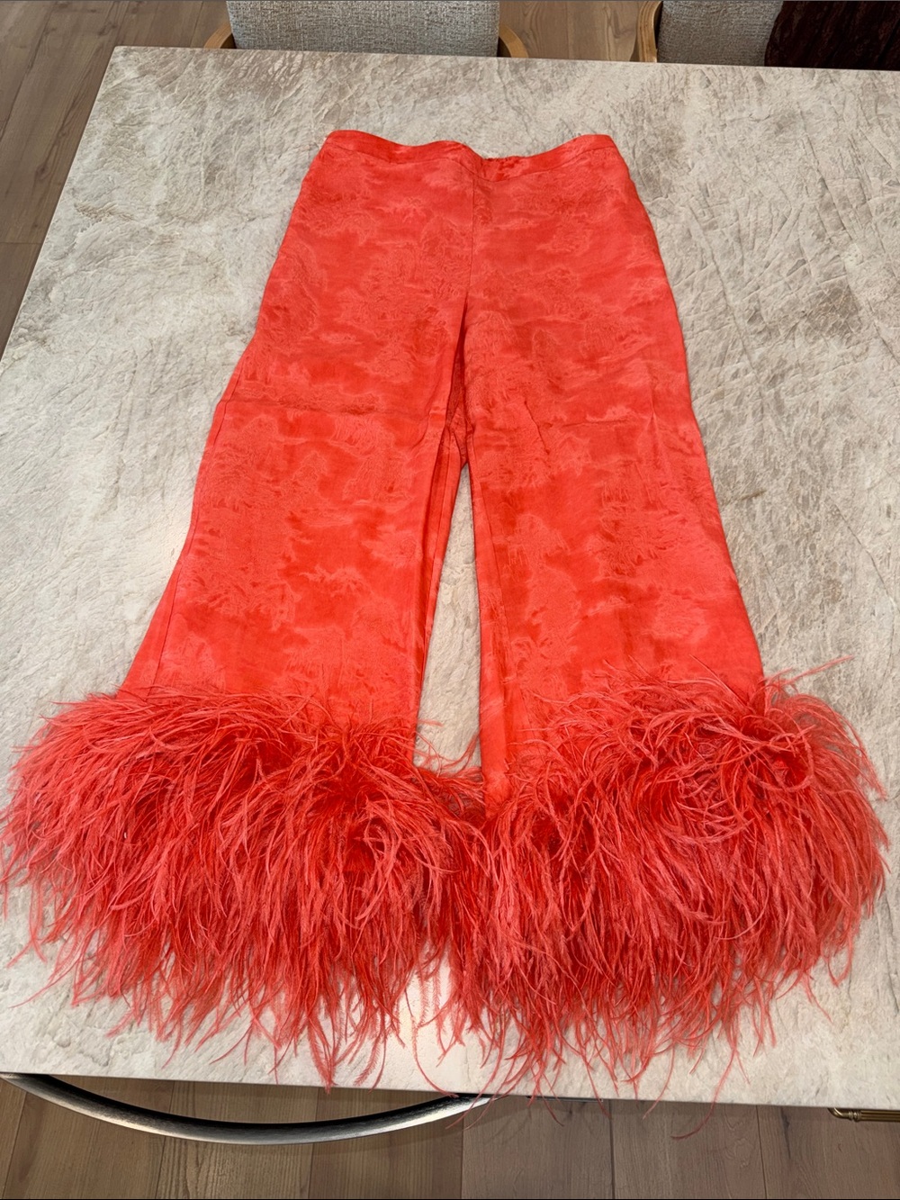 Orange Feather Trim Wide-Leg Bottoms